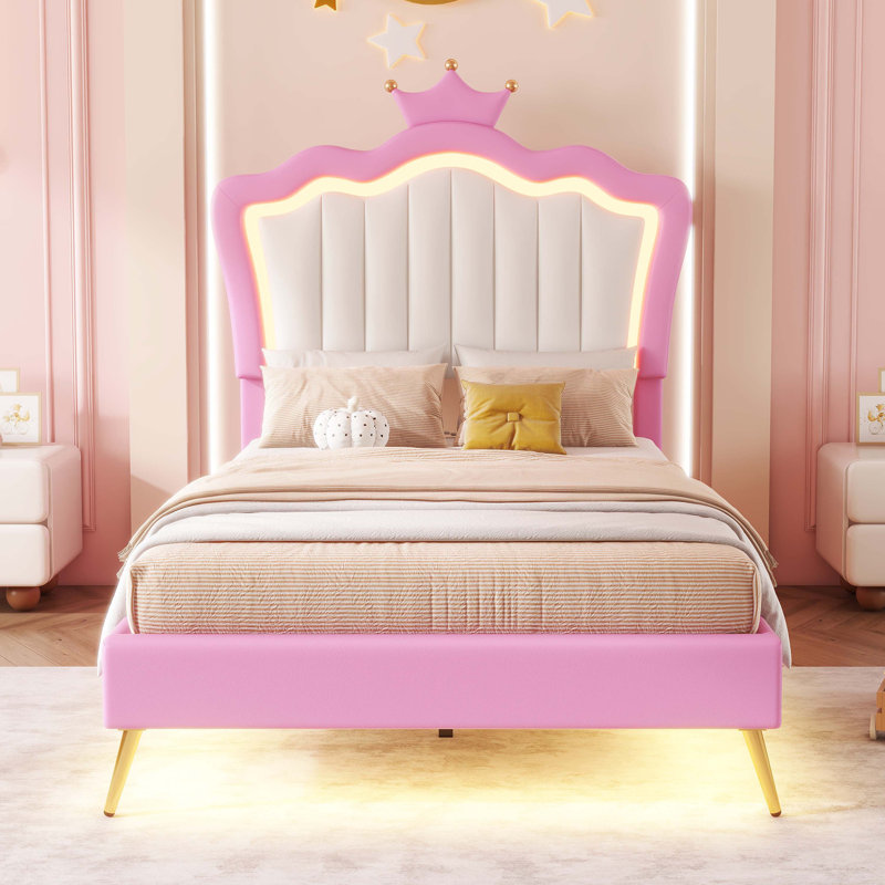 Twin Size Upholstered Bed Frame with LED Lights Modern Upholstered Princess Bed Pink White